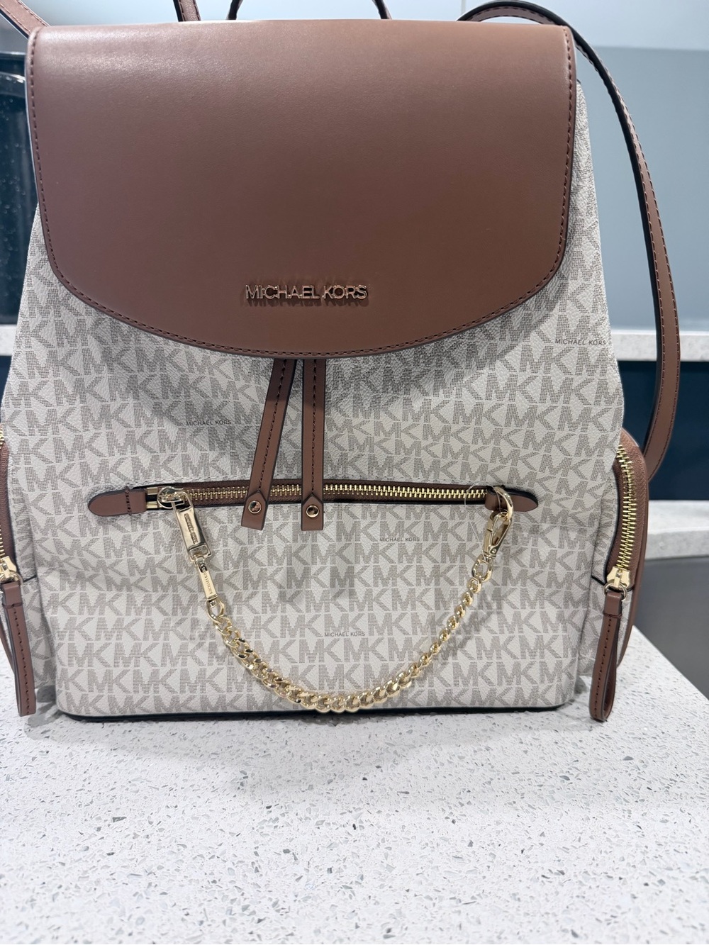 Michael Kors Beige Monogram Backpack with Brown Trim